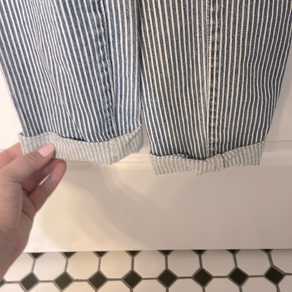 F21 Pinstripe Denim Overalls with Distressed Details and rolled hem, size 27 - Picture 7 of 11